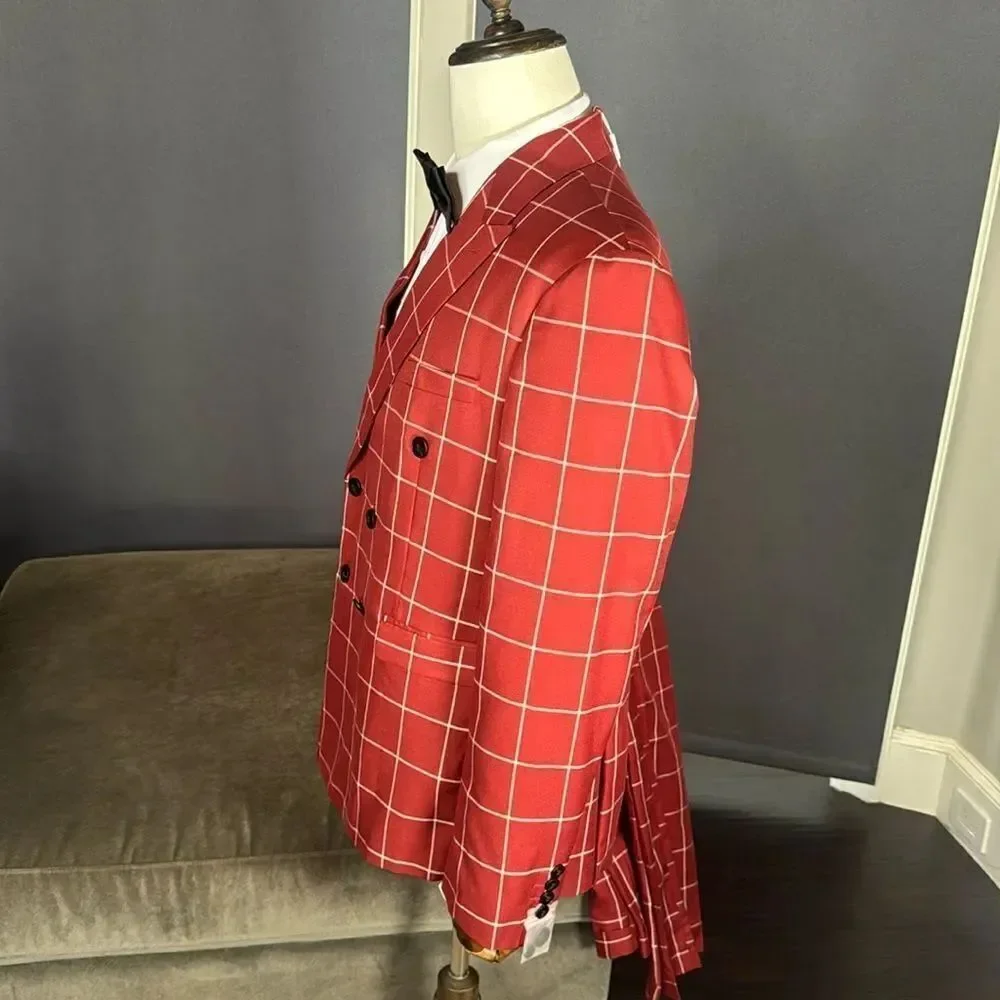 Men’s Check Plaid 3 Piece Suit Double Breasted Peak Lapel 42 Jacket 38 Pants NEW